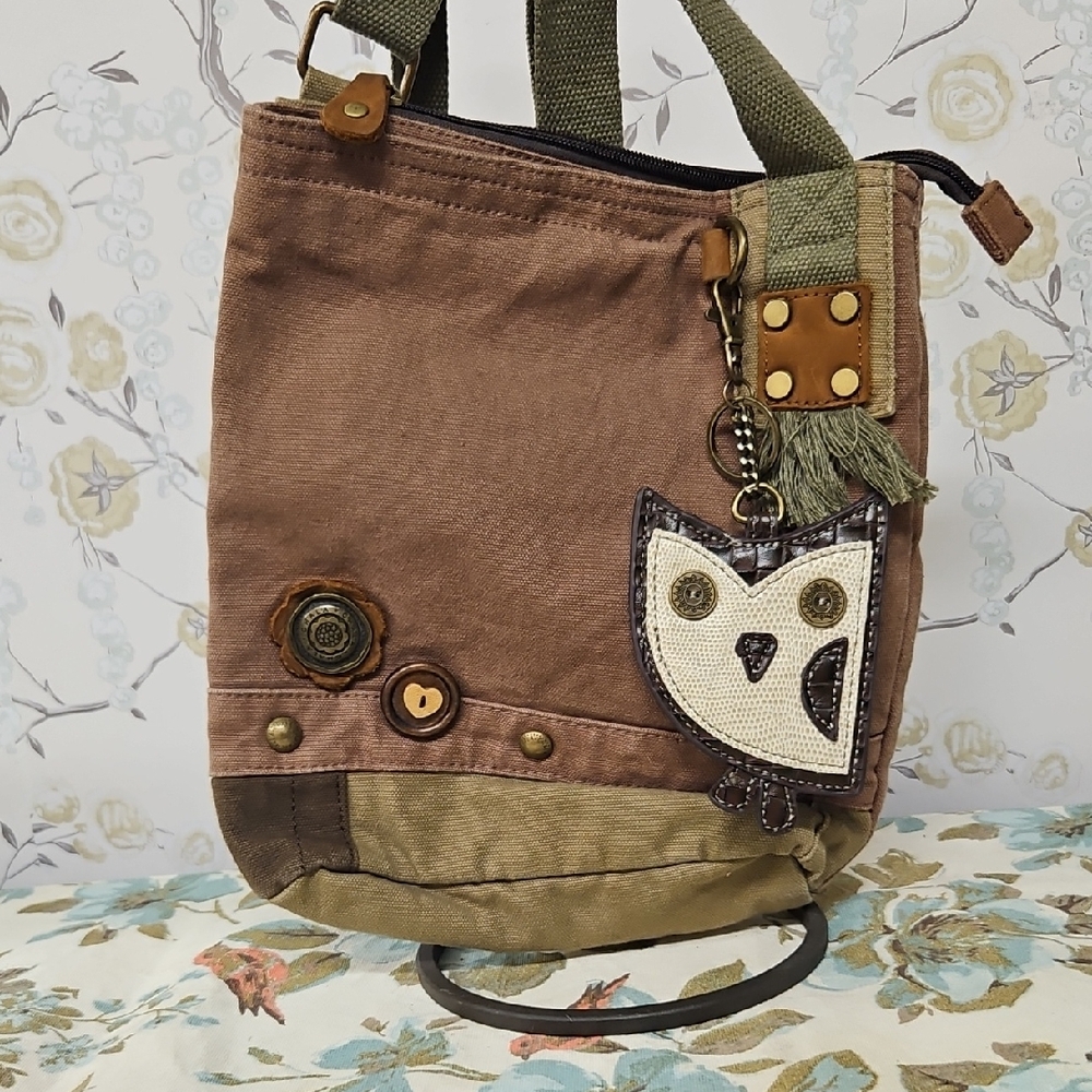 CHALA Brown and Tan Women's Bag with Owl Keyring/Charm/Coin Purse